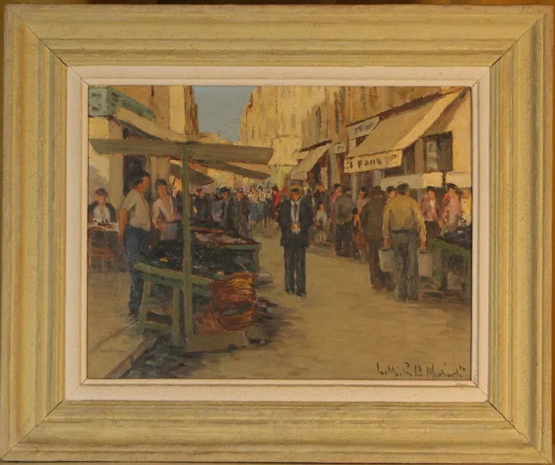 Pamono Michel Michaeli, Fish Market in Marseille, 1920s, Oil on Canvas, Framed> Impressionist