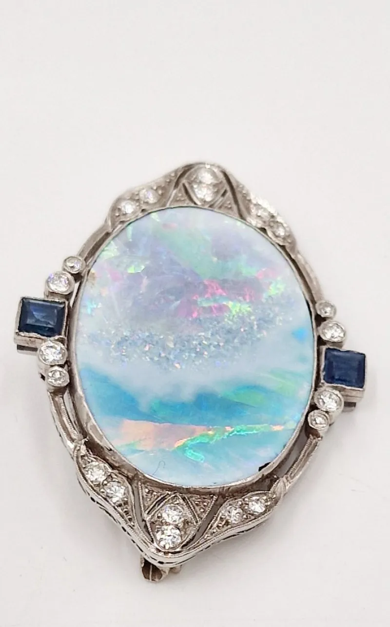 Pamono Mid-Century 18 Karat White Gold Brooch with Multicolored Opal, Diamonds and Sapphires, Italy, 1950s> Brooches