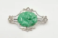 Pamono Mid-Century 18 Karat White Gold Brooch with Jade and Diamonds, Italy, 1950s> Brooches