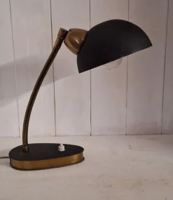 New Pamono Mid-Century Adjustable Desk Lamp with Brass Flex Arm and Black Lacquered Metal Reflector, 1960s