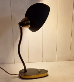 New Pamono Mid-Century Adjustable Desk Lamp with Brass Flex Arm and Black Lacquered Metal Reflector, 1960s