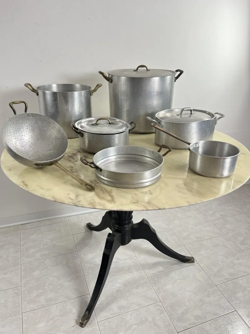 Pamono Mid-Century Aluminum and Copper Cooking Pots, 1930s, Set of 7> Cutlery & Serving Utensils