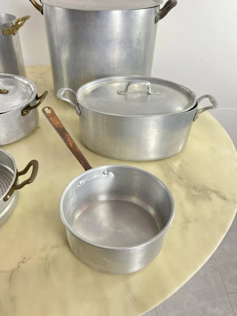 Pamono Mid-Century Aluminum and Copper Cooking Pots, 1930s, Set of 7> Cutlery & Serving Utensils