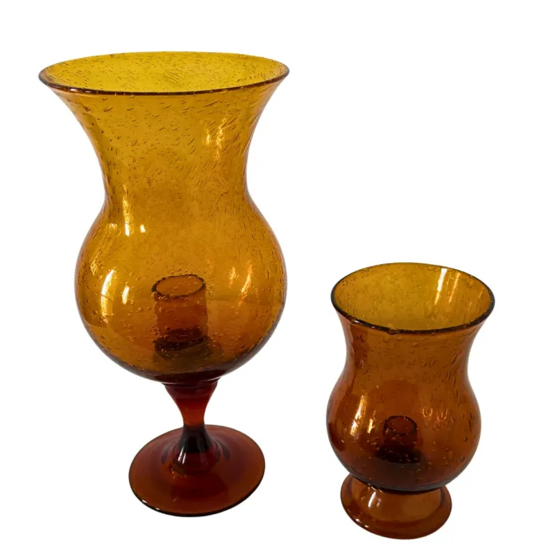 Pamono Mid-Century Amber Bubble Glass Photophores or Candleholders from Biot, France, 1960s, Set of 2> Candleholders