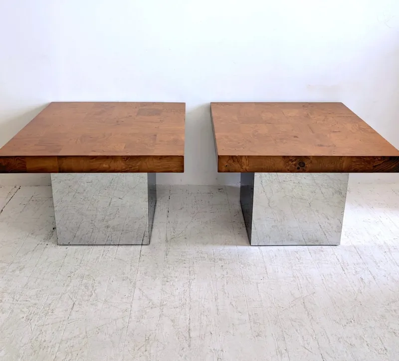 Pamono Mid-Century American Chrome and Burlwood Coffee Tables by Milo Baughman for Thayer Coggin, 1970s, Set of 2> Coffee & Side Tables