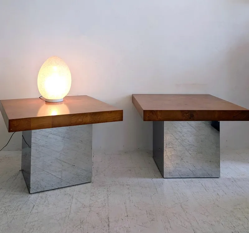 Pamono Mid-Century American Chrome and Burlwood Coffee Tables by Milo Baughman for Thayer Coggin, 1970s, Set of 2> Coffee & Side Tables