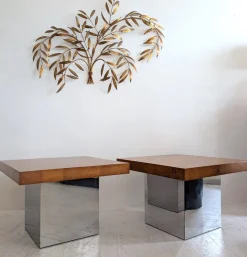 Pamono Mid-Century American Chrome and Burlwood Coffee Tables by Milo Baughman for Thayer Coggin, 1970s, Set of 2><noscript><img width=