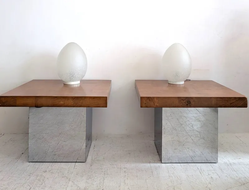 Pamono Mid-Century American Chrome and Burlwood Coffee Tables by Milo Baughman for Thayer Coggin, 1970s, Set of 2> Coffee & Side Tables