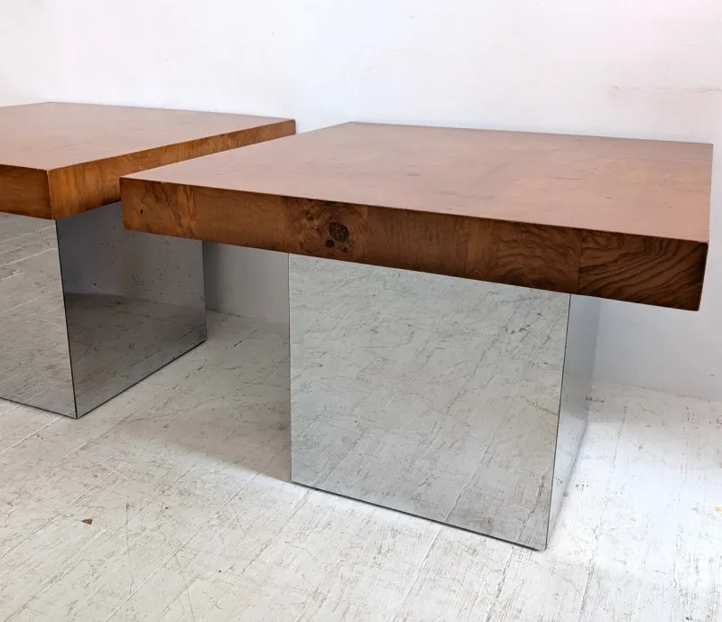 Pamono Mid-Century American Chrome and Burlwood Coffee Tables by Milo Baughman for Thayer Coggin, 1970s, Set of 2> Coffee & Side Tables