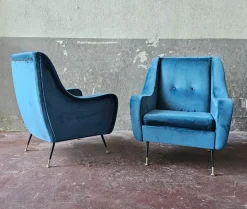 Best Pamono Mid-Century Armchairs in Blue Velvet, Italy, 1950s, Set of 2