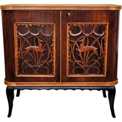 Pamono Mid-Century Art Deco Italian Forest Wildlife Carved Wood Dry Bar Cabinet, 1960s> Cabinets & Wardrobes