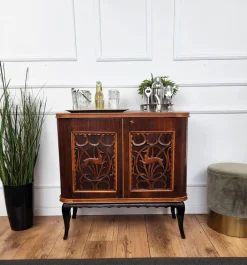 Pamono Mid-Century Art Deco Italian Forest Wildlife Carved Wood Dry Bar Cabinet, 1960s> Cabinets & Wardrobes