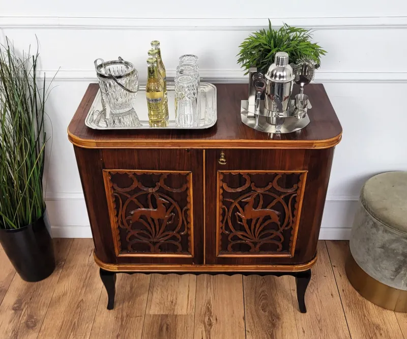 Pamono Mid-Century Art Deco Italian Forest Wildlife Carved Wood Dry Bar Cabinet, 1960s> Cabinets & Wardrobes