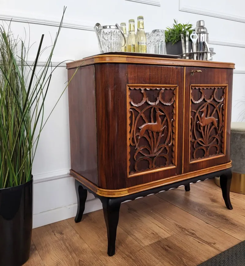Pamono Mid-Century Art Deco Italian Forest Wildlife Carved Wood Dry Bar Cabinet, 1960s> Cabinets & Wardrobes