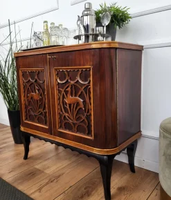 Pamono Mid-Century Art Deco Italian Forest Wildlife Carved Wood Dry Bar Cabinet, 1960s><noscript><img width=