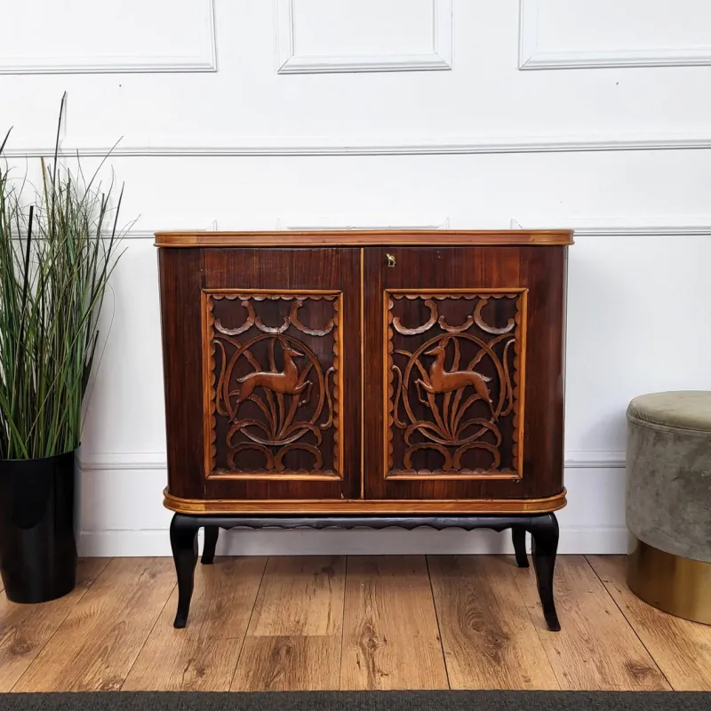 Pamono Mid-Century Art Deco Italian Forest Wildlife Carved Wood Dry Bar Cabinet, 1960s> Cabinets & Wardrobes