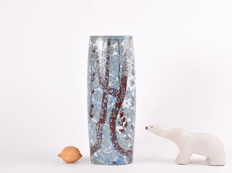Outlet Pamono Mid-Century Baca Floor Vase in Ceramic with Blue and White Flower Decor by Johanne Gerber for Royal Copenhagen, Denmark, 1970s
