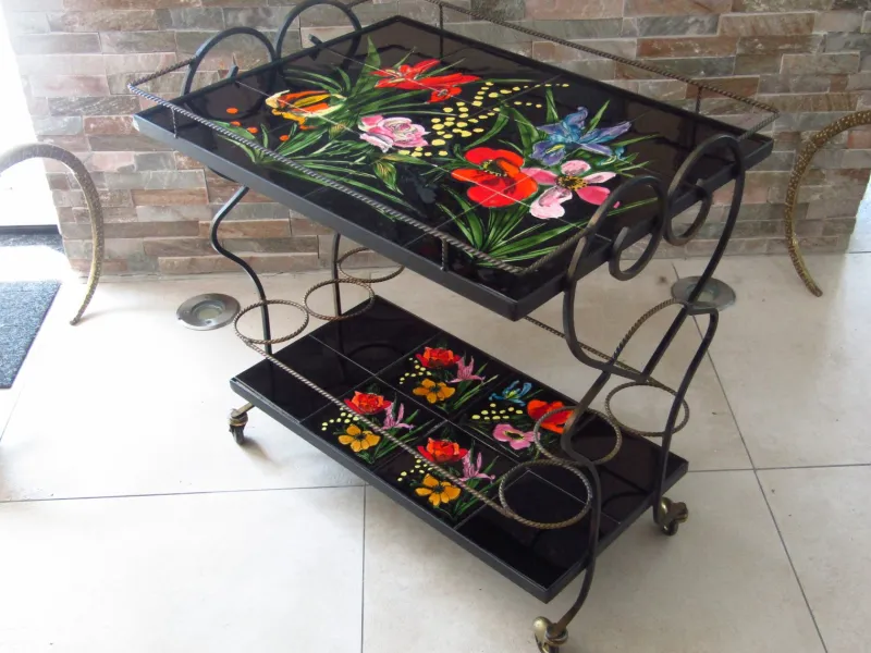 Pamono Mid-Century Bar Cart with Vallauris Tiles, 1950s> Serving Bar Carts & Trolleys