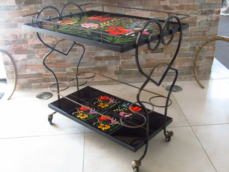 Pamono Mid-Century Bar Cart with Vallauris Tiles, 1950s> Serving Bar Carts & Trolleys