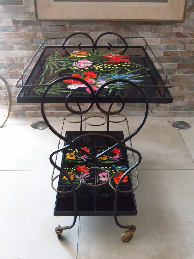 Pamono Mid-Century Bar Cart with Vallauris Tiles, 1950s> Serving Bar Carts & Trolleys