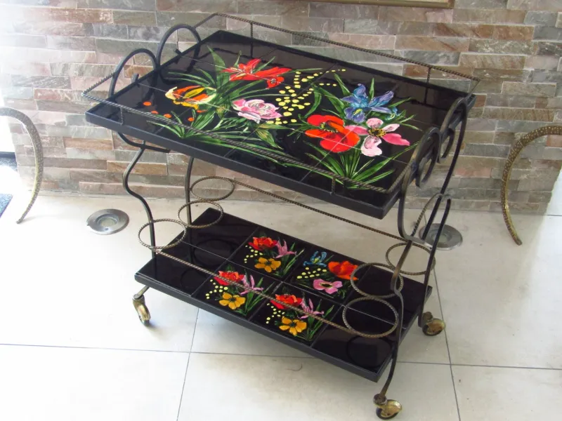 Pamono Mid-Century Bar Cart with Vallauris Tiles, 1950s> Serving Bar Carts & Trolleys