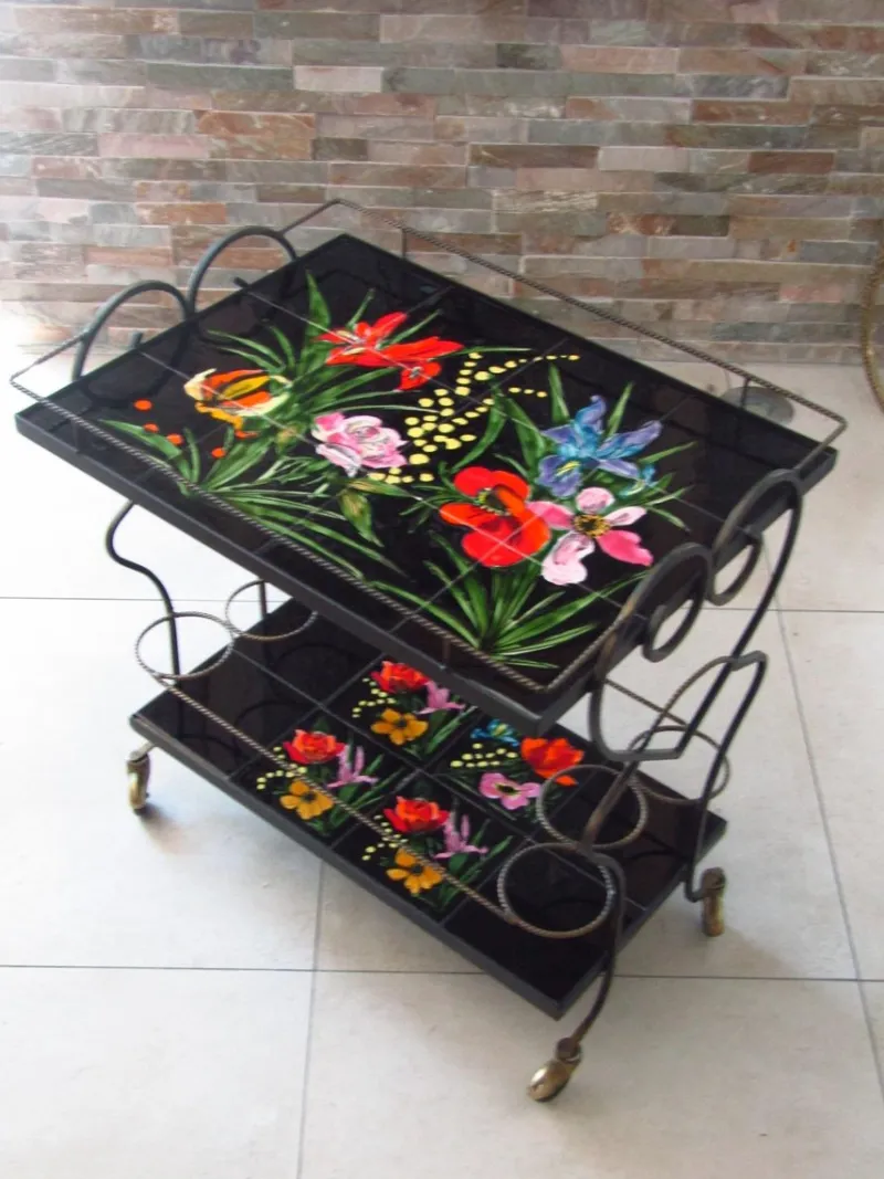 Pamono Mid-Century Bar Cart with Vallauris Tiles, 1950s> Serving Bar Carts & Trolleys