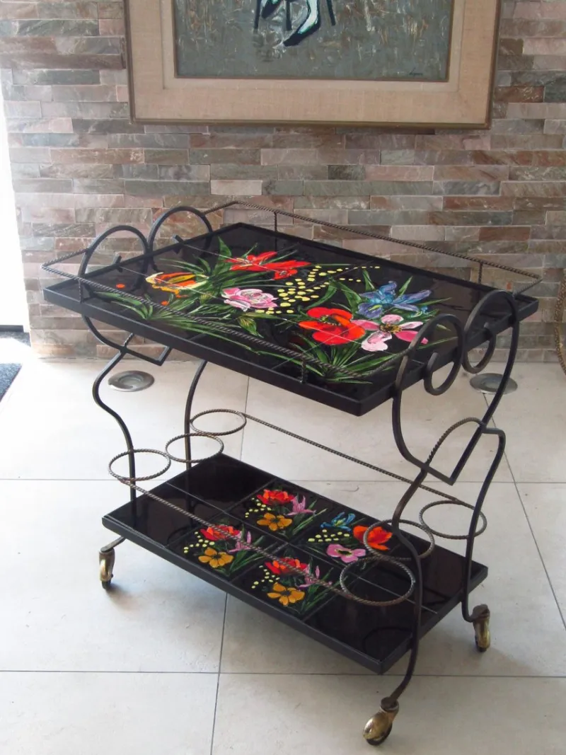 Pamono Mid-Century Bar Cart with Vallauris Tiles, 1950s> Serving Bar Carts & Trolleys
