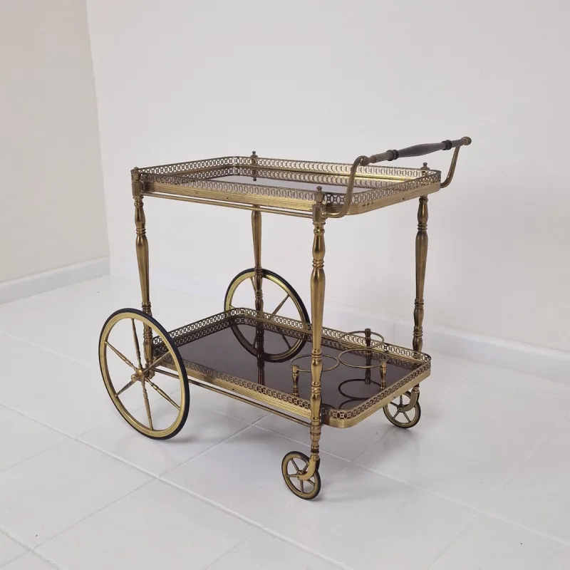 Best Pamono Mid-Century Bar Trolley with Wood and Brass, France, 1950s
