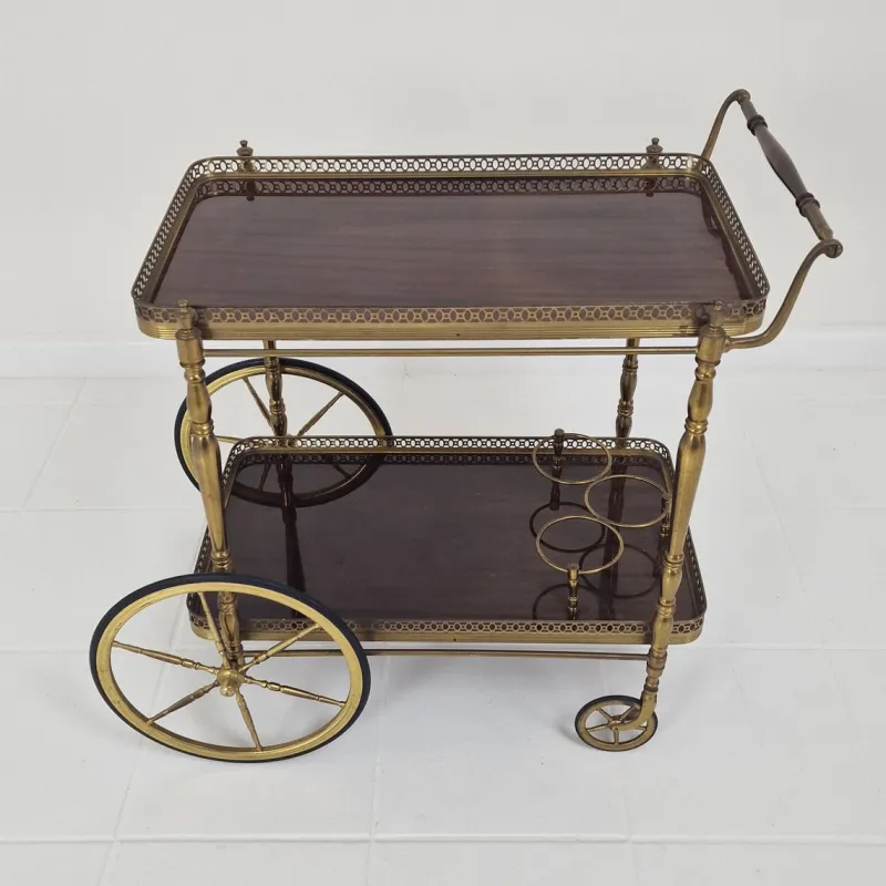 Best Pamono Mid-Century Bar Trolley with Wood and Brass, France, 1950s