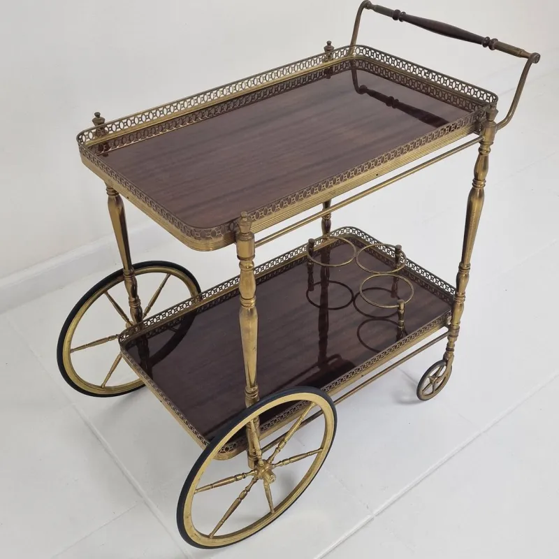 Best Pamono Mid-Century Bar Trolley with Wood and Brass, France, 1950s
