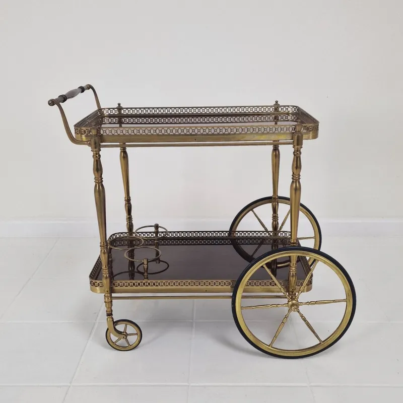 Best Pamono Mid-Century Bar Trolley with Wood and Brass, France, 1950s