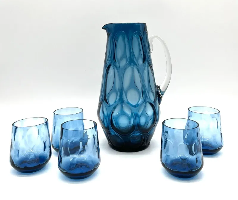 Pamono Mid-Century Blue Mouth-Blown Glass Carafe with Five Matching Glasses from Empoli, 1960s> Bottles, Carafes & Jugs