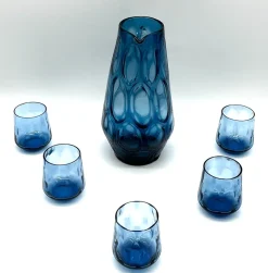 Pamono Mid-Century Blue Mouth-Blown Glass Carafe with Five Matching Glasses from Empoli, 1960s> Bottles, Carafes & Jugs