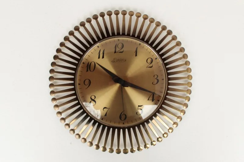 Pamono Mid-Century Brass Sunburst Wall Clock, 1960s> Clocks
