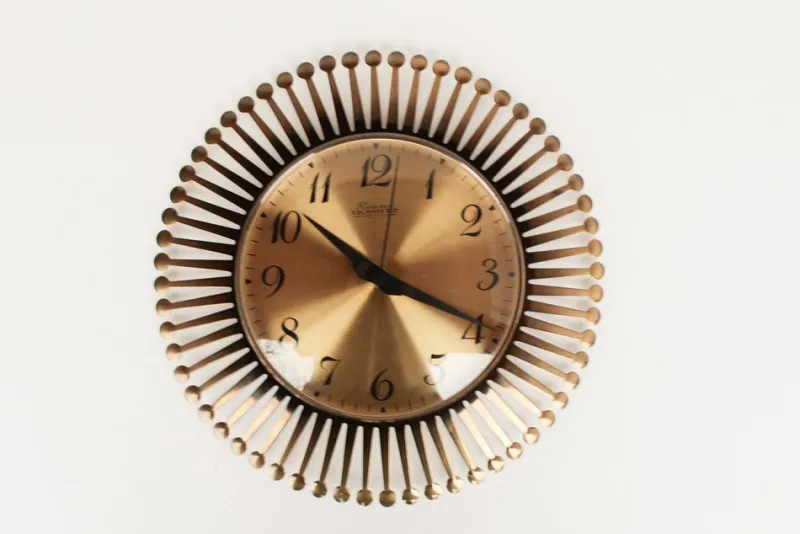 Pamono Mid-Century Brass Sunburst Wall Clock, 1960s> Clocks