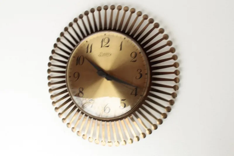 Pamono Mid-Century Brass Sunburst Wall Clock, 1960s> Clocks