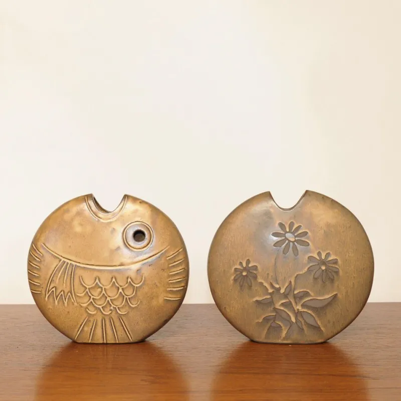 Clearance Pamono Mid-Century Brown Ceramic Fish and Flower Vases from Rois de Majorque, France, 1970s, Set of 2