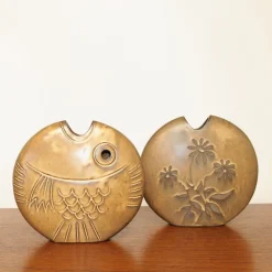 Clearance Pamono Mid-Century Brown Ceramic Fish and Flower Vases from Rois de Majorque, France, 1970s, Set of 2