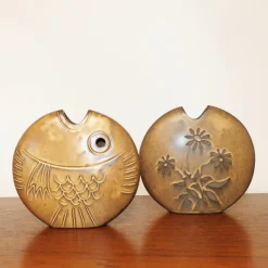Clearance Pamono Mid-Century Brown Ceramic Fish and Flower Vases from Rois de Majorque, France, 1970s, Set of 2