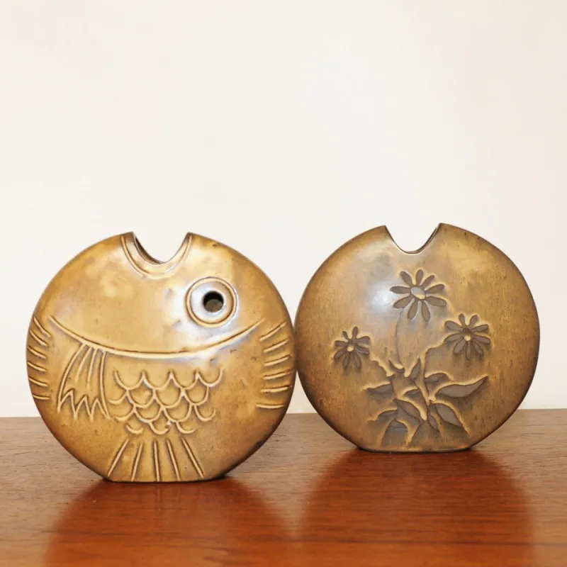 Clearance Pamono Mid-Century Brown Ceramic Fish and Flower Vases from Rois de Majorque, France, 1970s, Set of 2