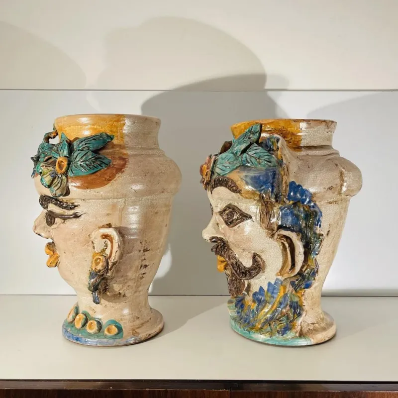 Pamono Mid-Century Ceramic Planters from Caltagirone Sicilia, Italy, Set of 2> Planters And Jardiniere