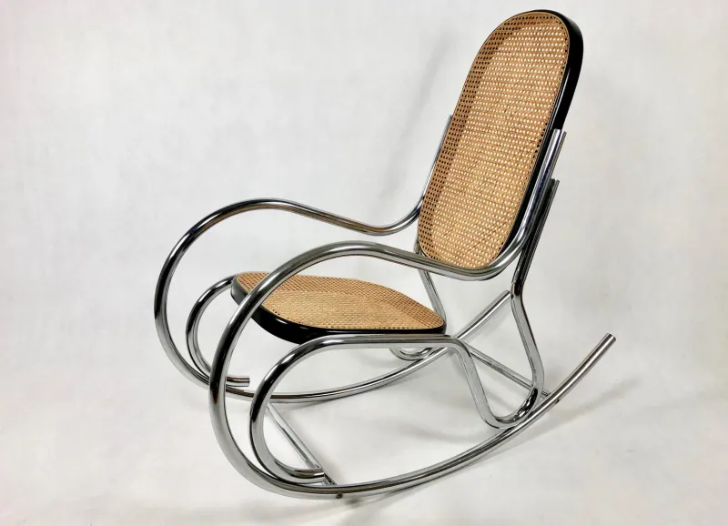 Pamono Mid-Century Chromed Steel & Rattan Rocking Chair, 1970s> Rocking Chairs