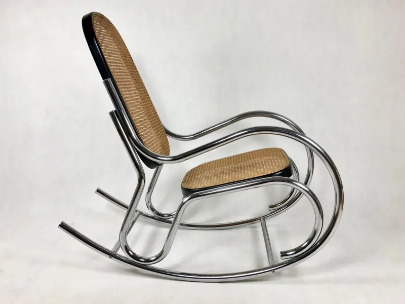Pamono Mid-Century Chromed Steel & Rattan Rocking Chair, 1970s> Rocking Chairs
