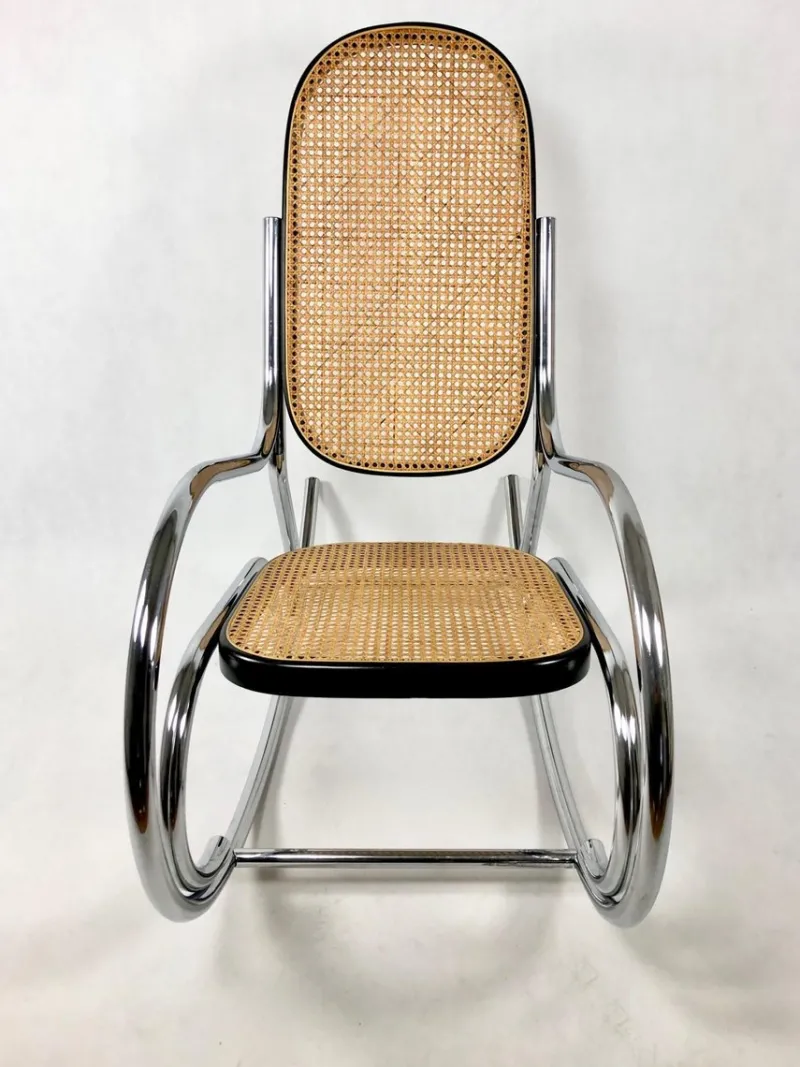 Pamono Mid-Century Chromed Steel & Rattan Rocking Chair, 1970s> Rocking Chairs