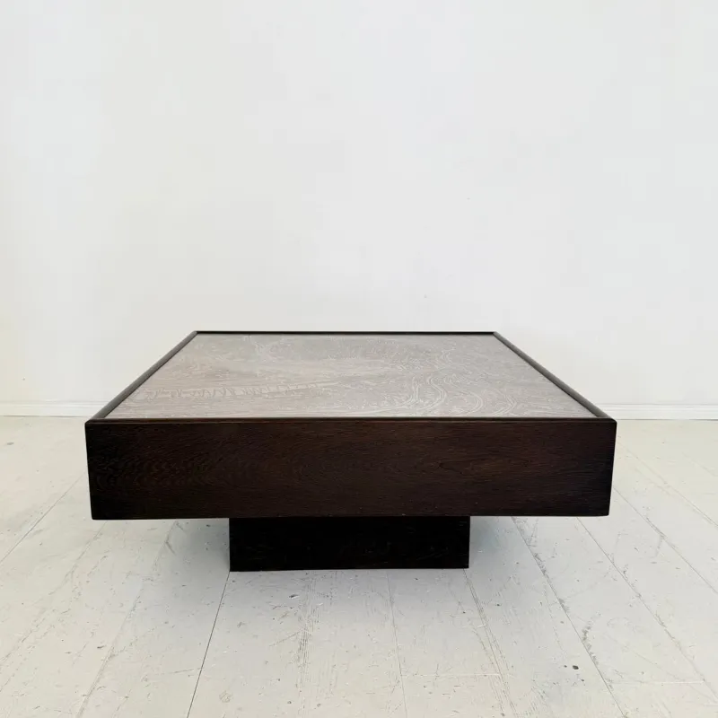 Pamono Mid-Century Coffee Table in Dark Oak with Etched Metal Top attributed to Lilienthal, 1970s> Coffee & Side Tables