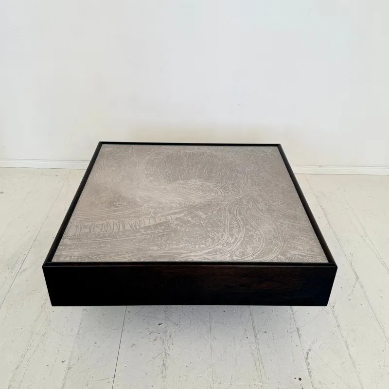 Pamono Mid-Century Coffee Table in Dark Oak with Etched Metal Top attributed to Lilienthal, 1970s> Coffee & Side Tables