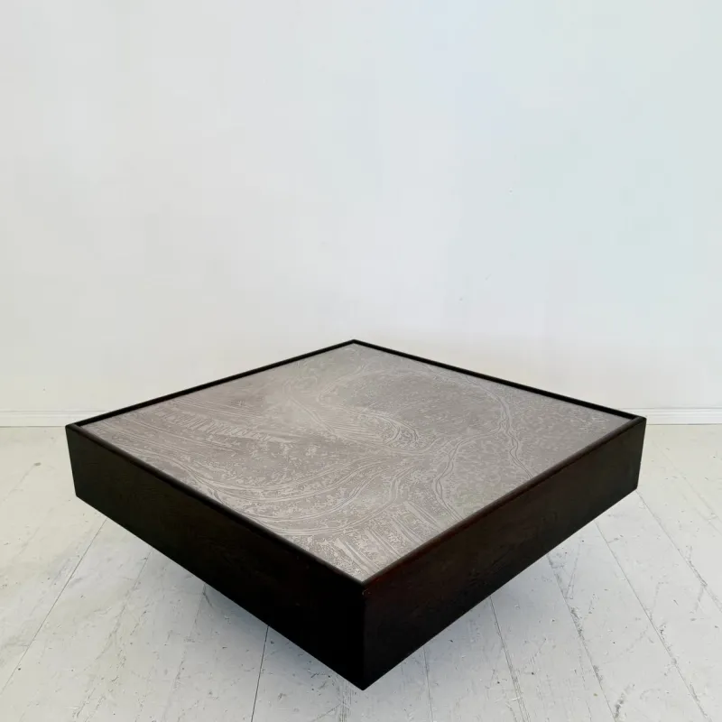 Pamono Mid-Century Coffee Table in Dark Oak with Etched Metal Top attributed to Lilienthal, 1970s> Coffee & Side Tables