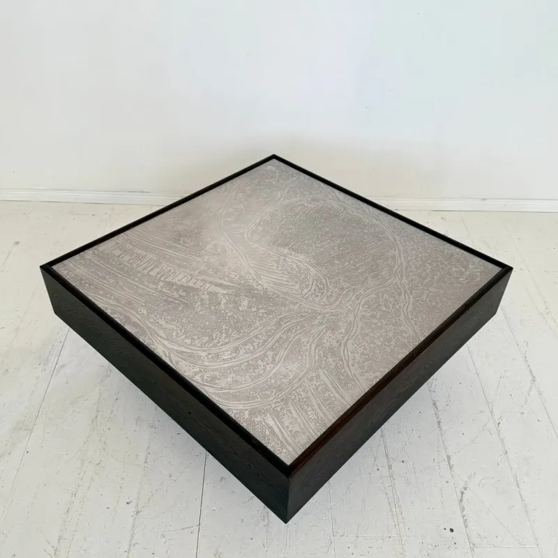 Pamono Mid-Century Coffee Table in Dark Oak with Etched Metal Top attributed to Lilienthal, 1970s> Coffee & Side Tables