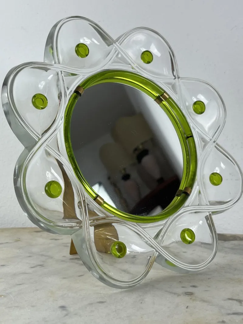 New Pamono Mid-Century Crystal and Brass Table Mirror from Lalique, 1960s