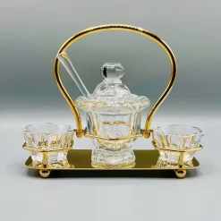Pamono Mid-Century Crystal Harcourt Missouri Condiment or Caviar Set with Lidded Central Jar, Spoon, and Two Facetted Cut Dishes in Gilt Handled Tray from Baccarat, 1950s, Set of 6> Serving Dishes
